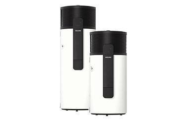 SHP-O hot water heat pump available in two sizes, 200 L and 300 L, with a sleek, modern design